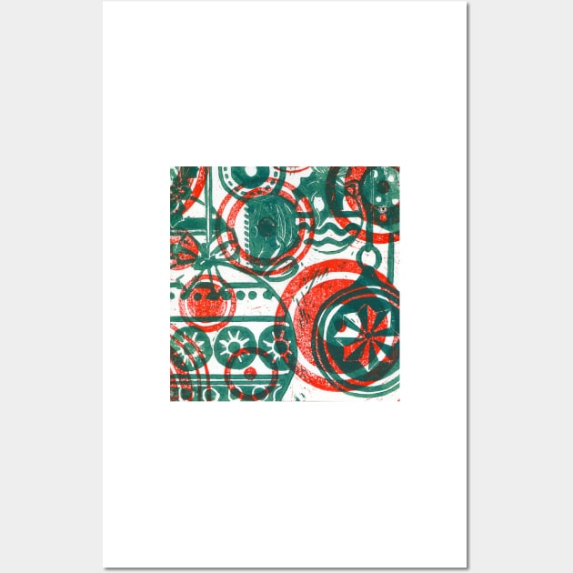 Xmas Baubles 14 -red and green  lino print Wall Art by Heatherian